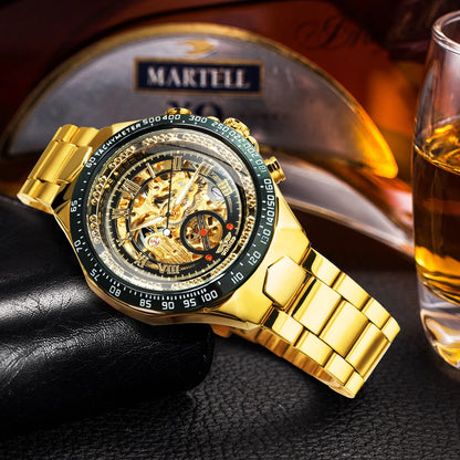 Automatikuhr für Herren WINNER – Transparentes Skelettmodell, leuchtende Zeiger, Edelstahlarmband, mechanische Uhr einer Luxusmarke