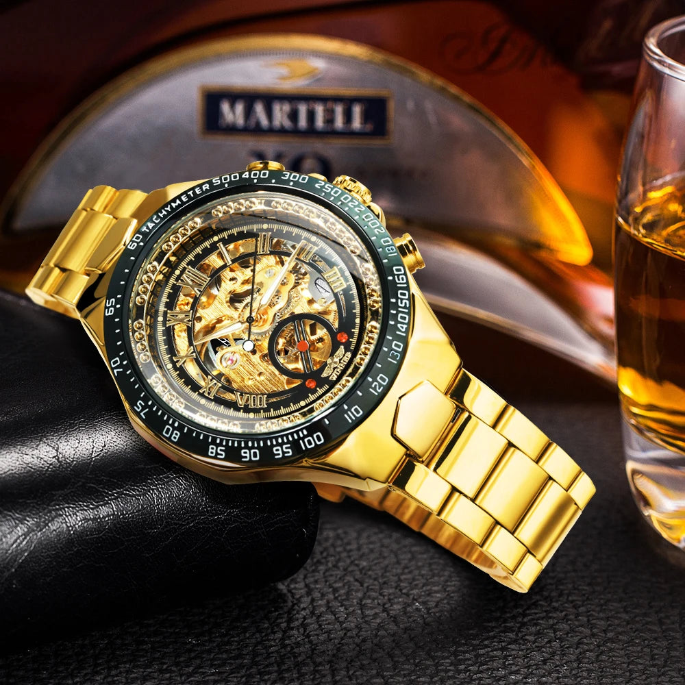 Automatikuhr für Herren WINNER – Transparentes Skelettmodell, leuchtende Zeiger, Edelstahlarmband, mechanische Uhr einer Luxusmarke