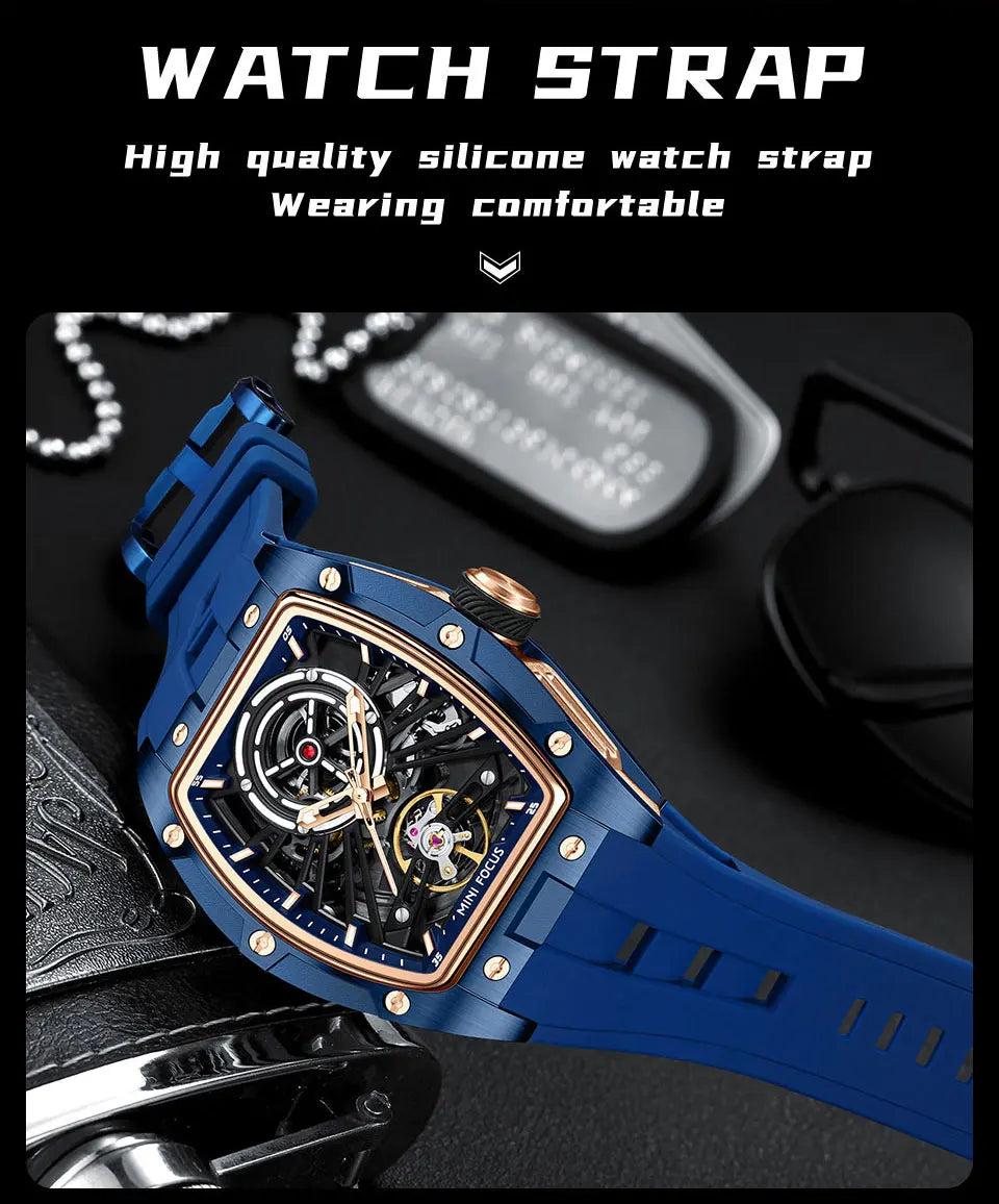 Reloj de pulsera MINI FOCUS para hombre, negro, a la moda, resistente al agua, mecánico automático, con manecillas luminosas, correa de silicona y esfera tonneau