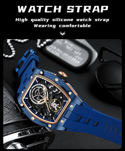 Reloj de pulsera MINI FOCUS para hombre, negro, a la moda, resistente al agua, mecánico automático, con manecillas luminosas, correa de silicona y esfera tonneau