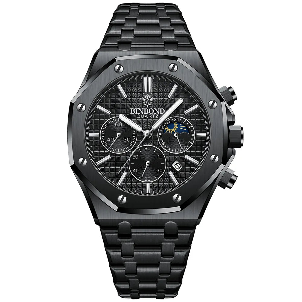 Montre-bracelet à quartz BINBOND pour homme, chronographe de luxe luminescent, en acier inoxydable, étanche, avec date et calendrier
