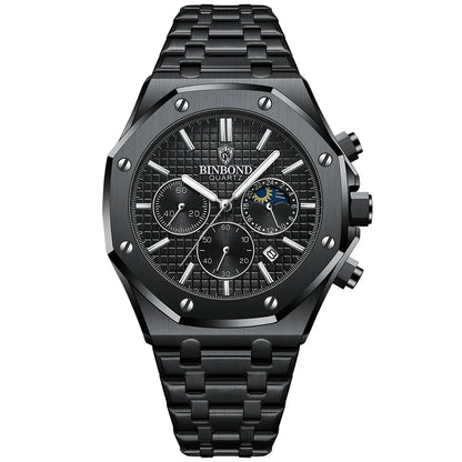 Montre-bracelet à quartz BINBOND pour homme, chronographe de luxe luminescent, en acier inoxydable, étanche, avec date et calendrier