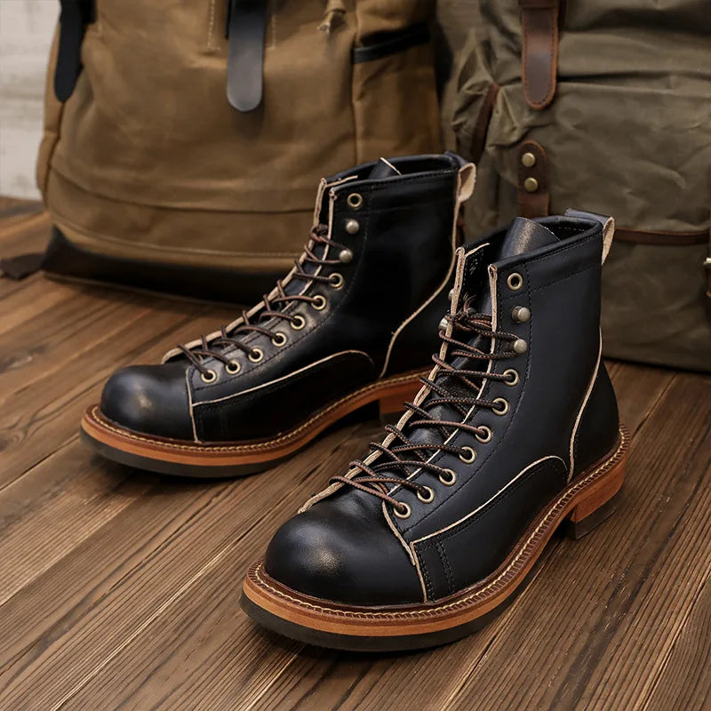 KOWM Cowhide Hiking Shoes Men's Walking Boot British Trekking Shoes Thick-Soled Cowhide High-Top Motorcycle Boots Ankle Sneakers