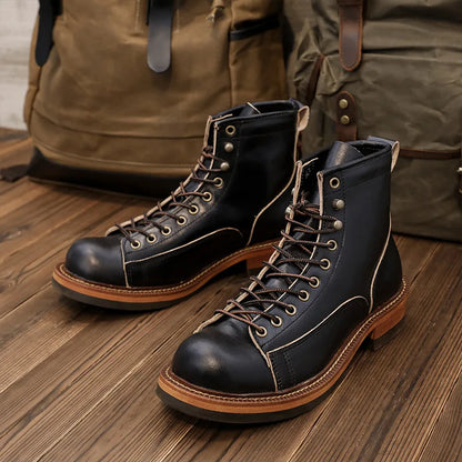 KOWM Cowhide Hiking Shoes Men's Walking Boot British Trekking Shoes Thick-Soled Cowhide High-Top Motorcycle Boots Ankle Sneakers