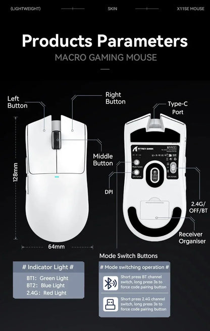 ATTACK SHARK X11SE Ultra-Light Wireless Gaming Mouse,20Million cycles life,PAW3311 Gaming,22KDPI,400IPS,40G,1KHz,65 Hours,30mAH