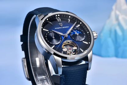 PAGANI DESIGN – Luksuzna mehanska ura za moške, 41 mm, safirno steklo, usnjena zapestnica, vodotesna, v pilotskem slogu, s turbijonom in prikazom lunine faze
