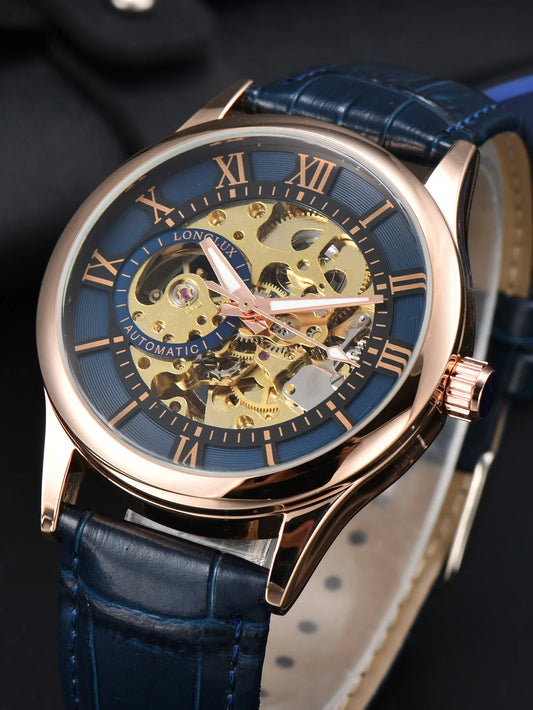 Orologio automatico da uomo, stile di lusso, quadrante con numeri romani, meccanismo a vista (scheletrato), impermeabile, lancette luminescenti, cinturino in pelle – Una scelta ideale come regalo.