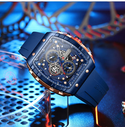 CURREN Tonneau Dial Sport Watch for Men Fashion Waterproof Quartz Wristwatch with Auto Date Yellow Silicone Strap Luminous