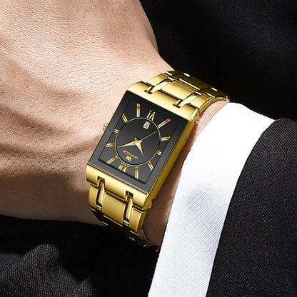 Herenzakelijk horloge, eenvoudig ontwerp, luxe mode, rechthoekig, zwart-goud, roestvrij staal, kalender, waterdicht, quartz, herenhorloges