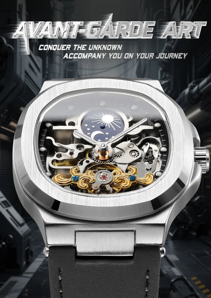 2025High-end Luxury SKROX Square Man Watch Sapphire Tourbillon Steel Skeleton Moon Phase Automatic Movement Leather Male Watches