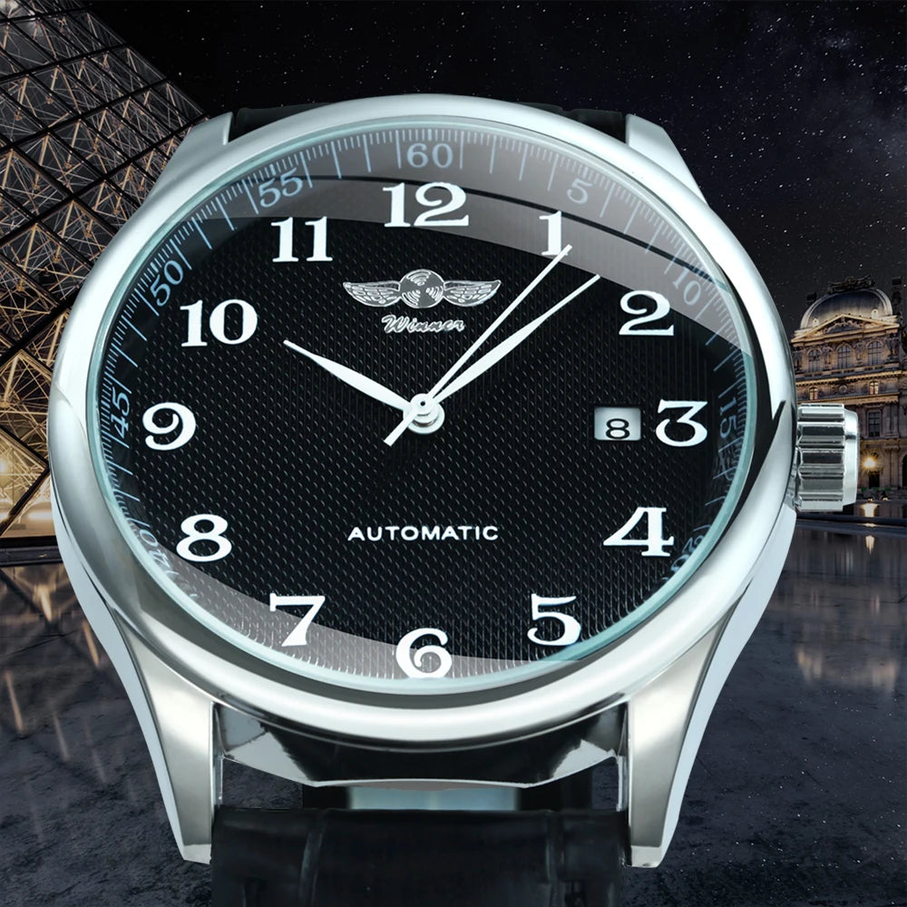 Orologio da uomo WINNER – Stile classico, retrò ed elegante – Orologio meccanico a carica automatica con calendario – Marchio di lusso, cassa in acciaio e cinturino in pelle