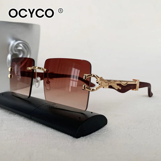 Fashion Rimless Square Sunglasses For Man Leopard Design Gradient Sun Glasses Woman Luxury Outdoor Eyewear UV400
