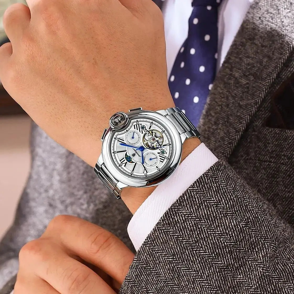 Orologio da uomo POEDAGAR, in stile lussuoso e professionale, con indicazione della data e del giorno, tourbillon, cassa in acciaio inossidabile, movimento meccanico a carica automatica e impermeabilità.