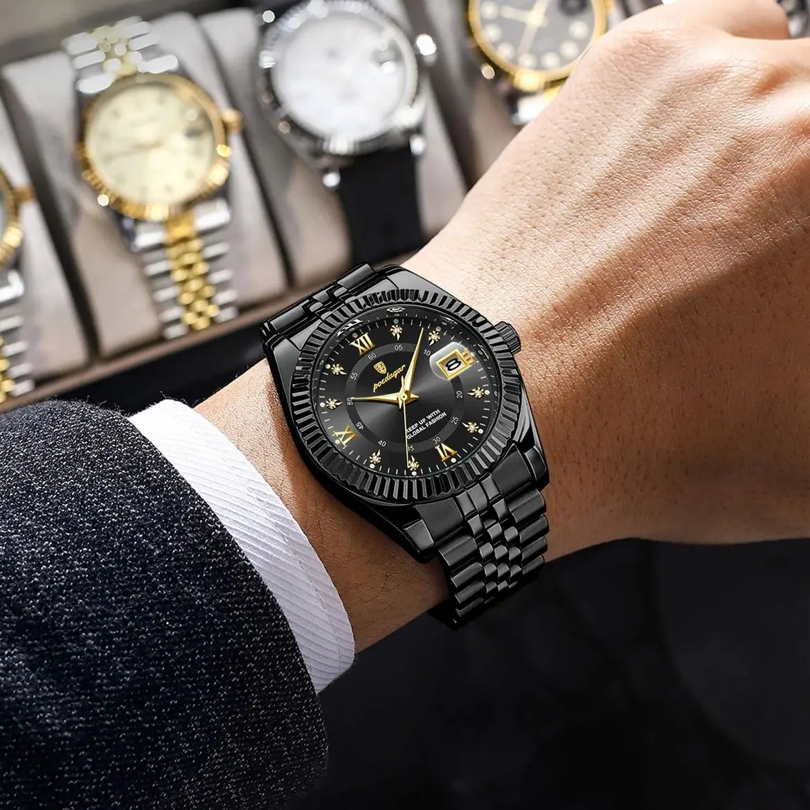Orologio da uomo POEDAGAR – Modello di lusso, impermeabile, in acciaio inossidabile, con quadrante luminescente, stile militare, datario, movimento al quarzo, ideale per il lavoro o le occasioni professionali.