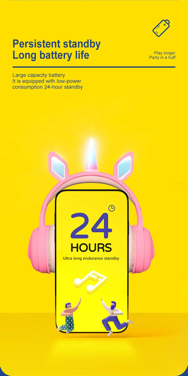 Glow Unicorn Headphones | Bunny Ear Bluetooth Headset with  Mic & TF Slot | Wireless Over-Ear LED