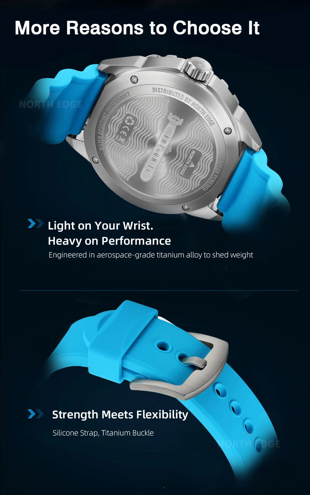 NORTH EDGE NEW+ TRITON-TI Titanium Solar-Powered Diving Watch Luxury Quartz Watches for Men 300M Waterproof 180+ Day Power