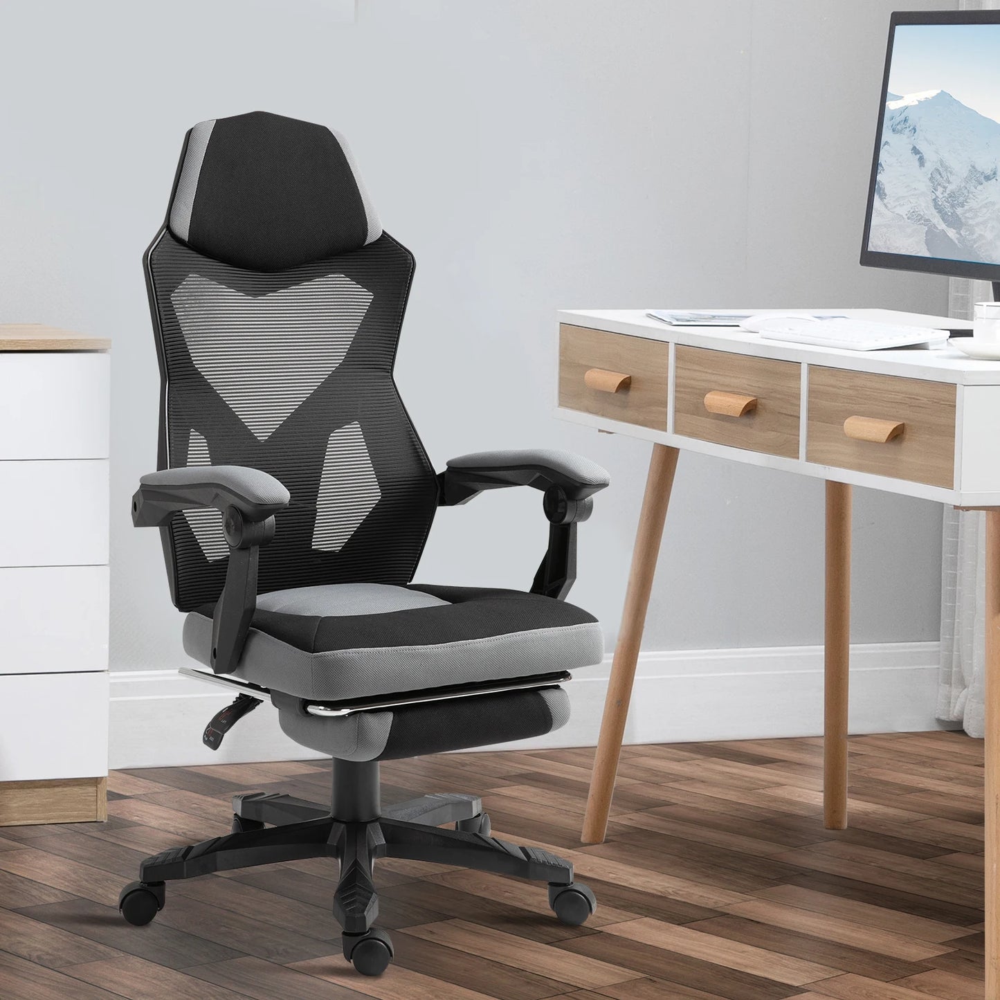 Office chair, gaming armchair, height adjustable, backrest, swivel, casters, footrest, mesh gaming chair, multi-purpose chair