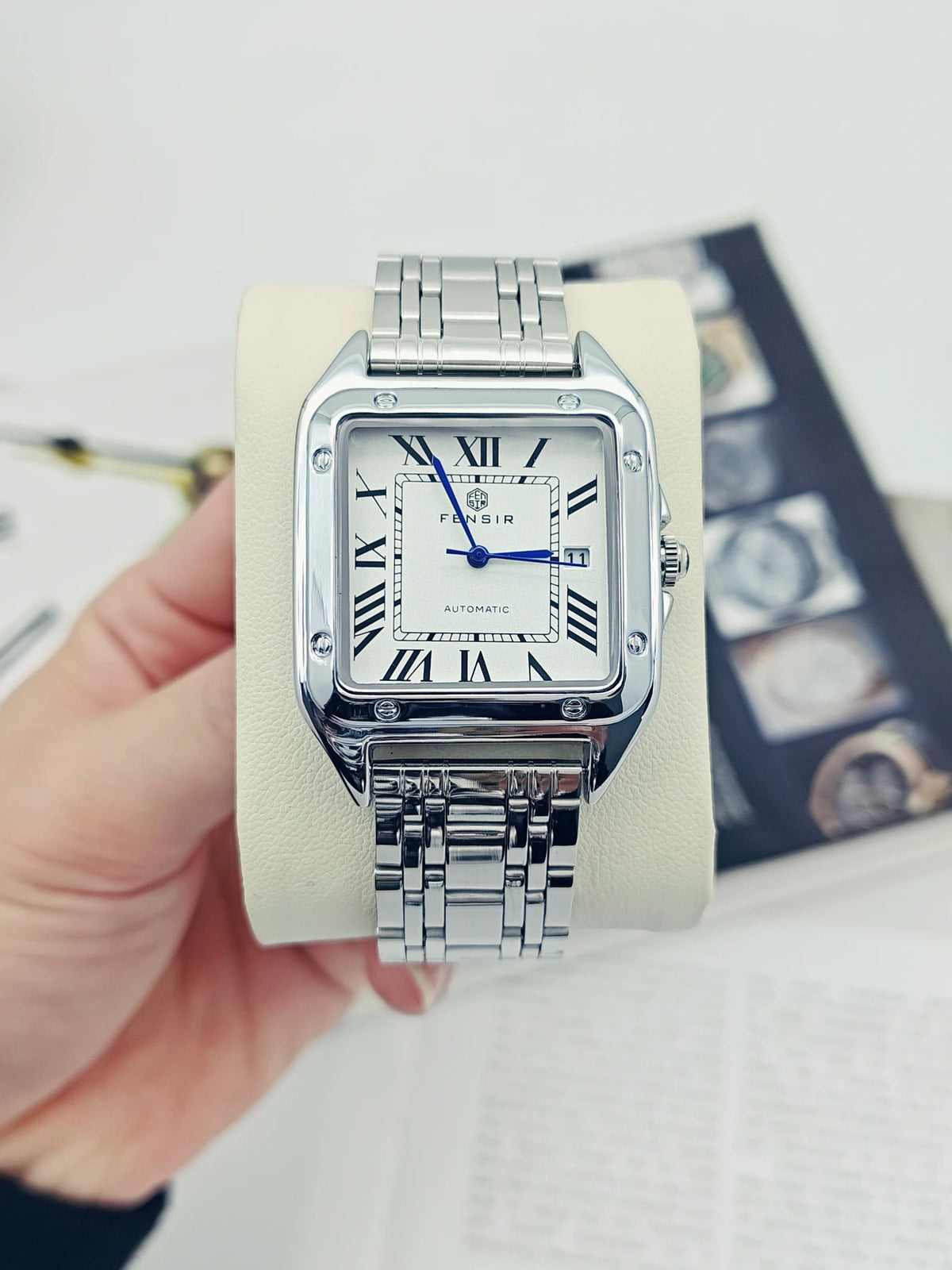 Montre carrée pour homme — Bracelet en acier inoxydable, affichage de la date