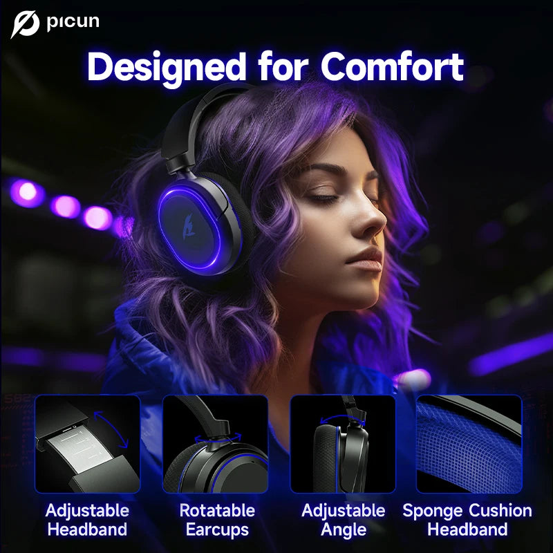 Picun G2 Wireless Gaming Headset Bluetooth 5.3 2.4G Headphones 7.1 Surround 5ms Low Latency ENC Mic for PC PS4 PS5 Phone Switch