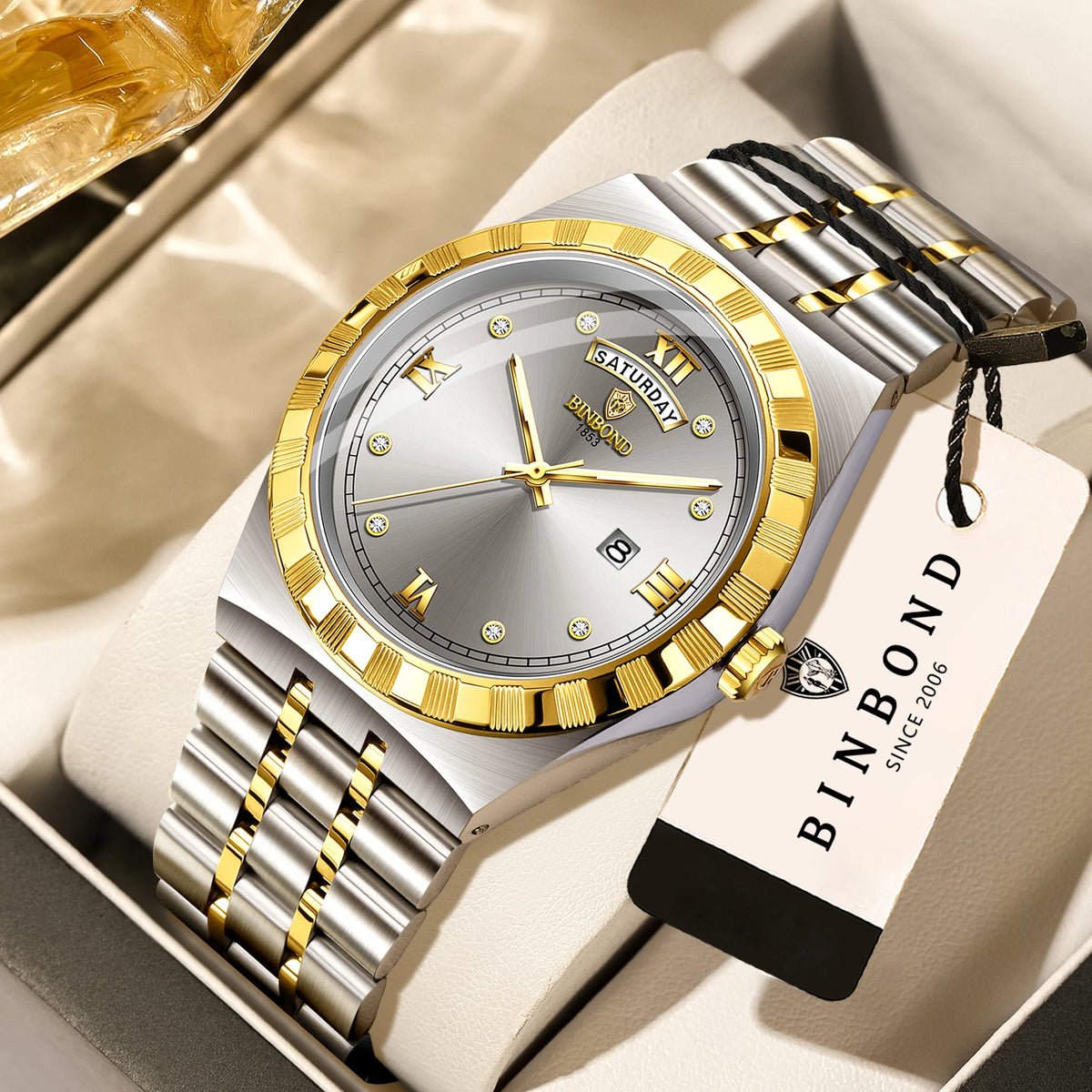 Orologio da uomo del marchio originale BINBOND – Orologio da polso al quarzo, modello di lusso, impermeabile e luminescente.