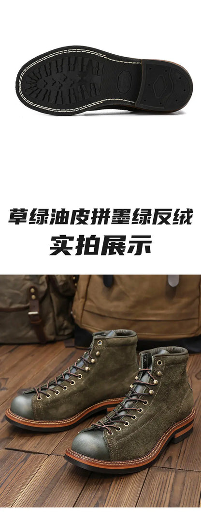 KOWM Cowhide Hiking Shoes Men's Walking Boot British Trekking Shoes Thick-Soled Cowhide High-Top Motorcycle Boots Ankle Sneakers