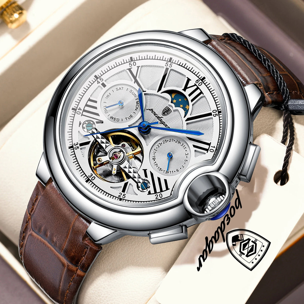 Orologio di lusso da uomo POEDAGAR – Modello meccanico a carica automatica con datario e indicatore del giorno, cinturino in pelle, tourbillon, impermeabile, stile elegante e professionale.