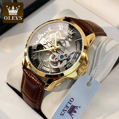 Orologio meccanico automatico da uomo OLEVS 6661 – Modello scheletrato completamente trasparente con rotore a vista, cinturino in pelle, orologio di lusso originale da uomo