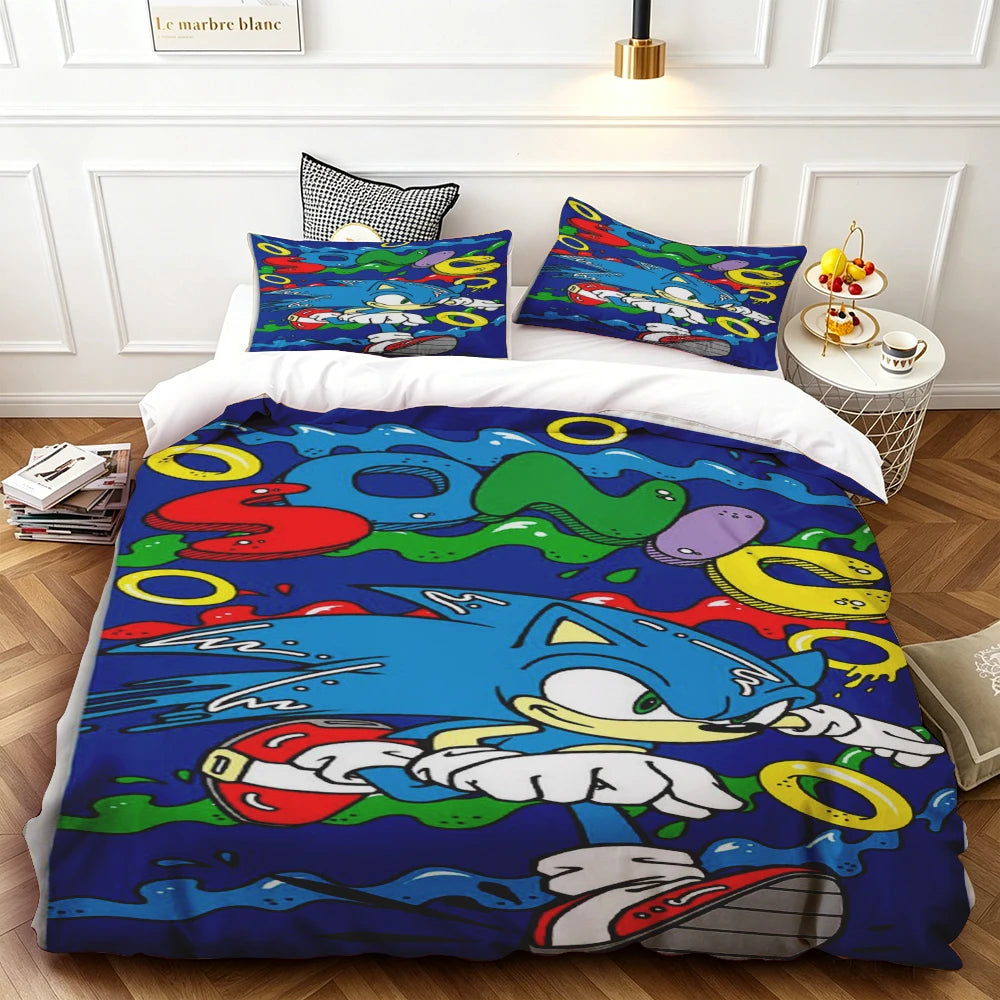 Cartoon Duvet Cover Set , Washable Cotton Bedding – S-Sonic-S The H-Hedgehog Movie Theme Student Bedroom Decor for All Seasons