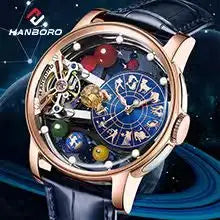 Orologio meccanico da uomo HANBORO – Movimento automatico, sveglia, suoneria oraria, impermeabile fino a 100 m, vetro zaffiro, cassa in acciaio, stile elegante e unico.