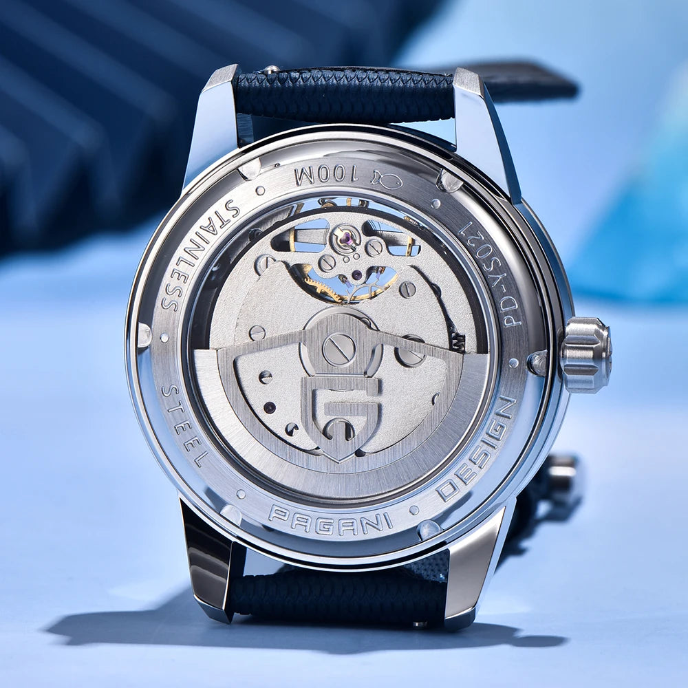 PAGANI DESIGN – Luksuzna mehanska ura za moške, 41 mm, safirno steklo, usnjena zapestnica, vodotesna, v pilotskem slogu, s turbijonom in prikazom lunine faze