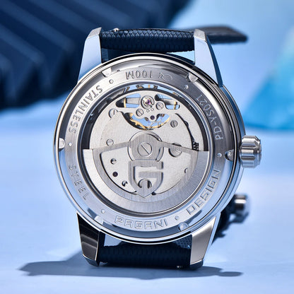 PAGANI DESIGN – Luksuzna mehanska ura za moške, 41 mm, safirno steklo, usnjena zapestnica, vodotesna, v pilotskem slogu, s turbijonom in prikazom lunine faze