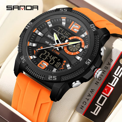 Montres de luxe pour homme SANDA Fashion : montre-bracelet à quartz analogique et numérique, style sportif, décontractée, étanche, avec chronographe en silice