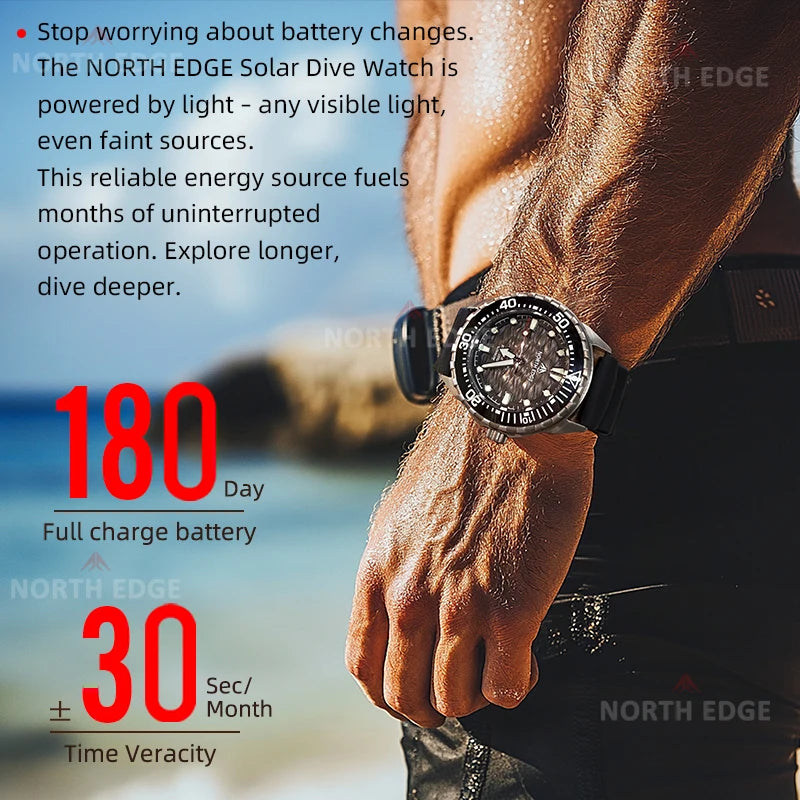 NORTH EDGE NEW+ TRITON-TI Titanium Solar-Powered Diving Watch Luxury Quartz Watches for Men 300M Waterproof 180+ Day Power