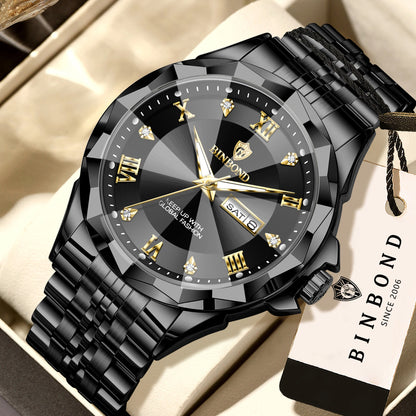 Orologio al quarzo da uomo BINBOND – Orologio da polso di lusso, luminescente e impermeabile, con indicazione del giorno della settimana e data automatica.