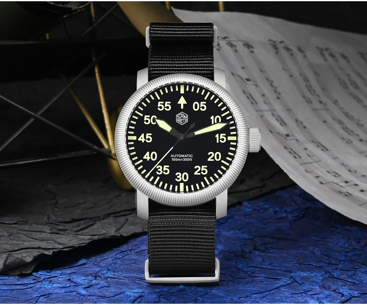 San Martin New 40mm Retro Pilot YN55 Automatic Mechanical Fashion Simple Style Men Wristwatch 100m Waterproof C3 Luminous SN0143