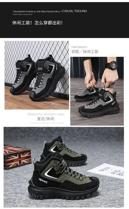 Black And Tan Mid Top Hiking Boots Suede And Leather Platform Sneakers Non Slip Outdoor Casual Shoes With Rugged Sole For All