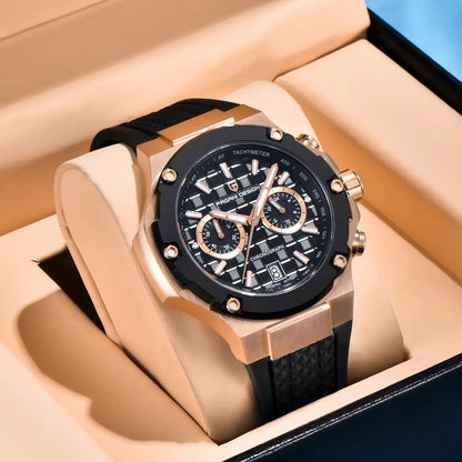 Orologio da uomo PAGANI DESIGN – Cronografo sportivo di lusso in oro rosa, dotato di un movimento al quarzo giapponese VK64 e di un cinturino in gomma fluorurata.