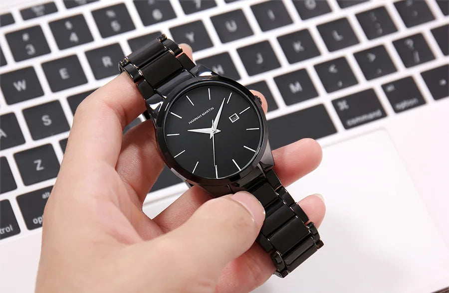 Hannah Martin Herrenuhr, Edelstahlgehäuse, Quarzwerk, 41-mm-Zifferblatt, Business-Stil, mit Kalenderanzeige (Imitation)