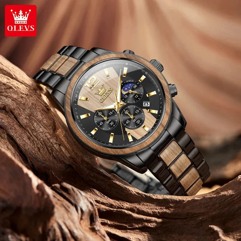 Orologio da uomo OLEVS 3645 in legno, di lusso, con illuminazione notturna, cronografo multifunzionale, al quarzo, stile retrò, orologio sportivo di tendenza.