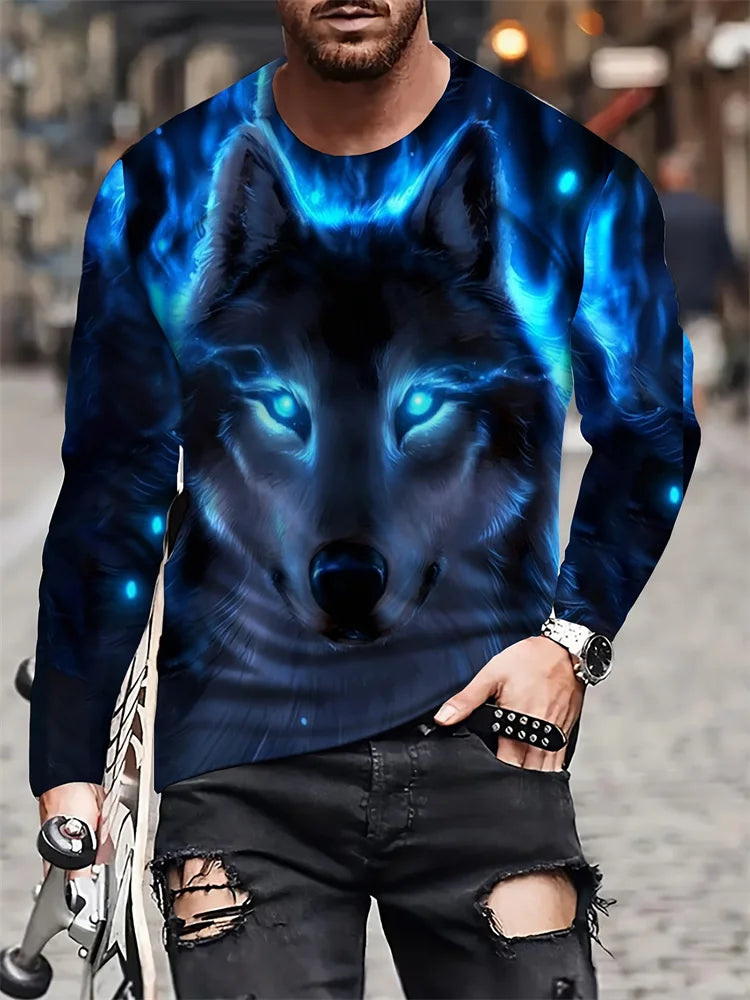 2024 New Wolf Print Men's Long Sleeve T-shirt Spring and Autumn Daily Casual Street Fashion Men's Long Sleeve T-shirt