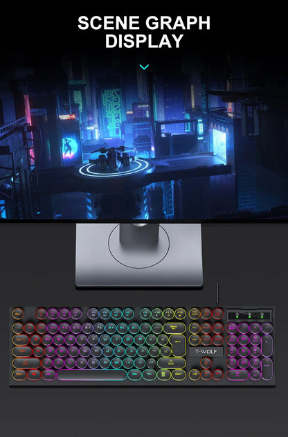 Typewriter style Mechanical feel Gaming Keyboard, Wired, RGB Backlit, Round Keycaps Mouse and Keyboard Bundle Waterproof 104-Key
