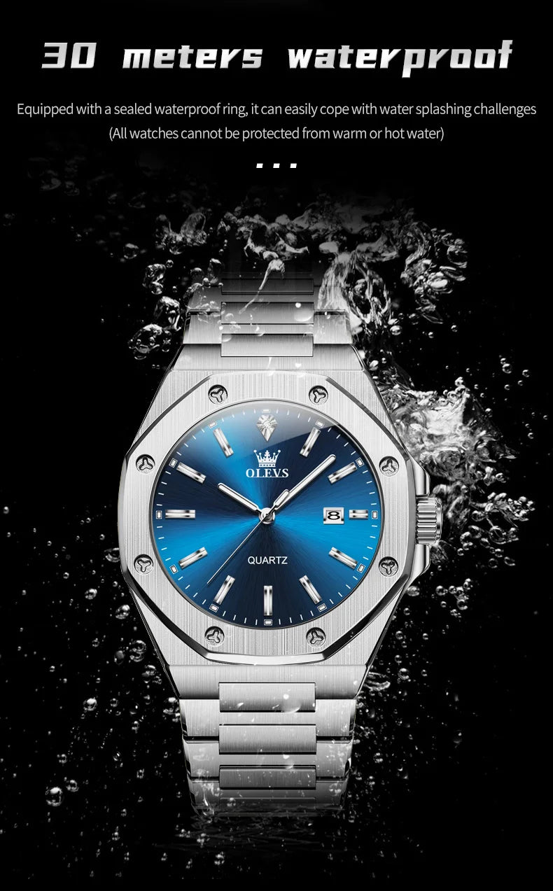 Montres OLEVS pour homme : montre de luxe classique à quartz, argentée et bleue, étanche, en acier inoxydable, luminescente, Reloj Hombre