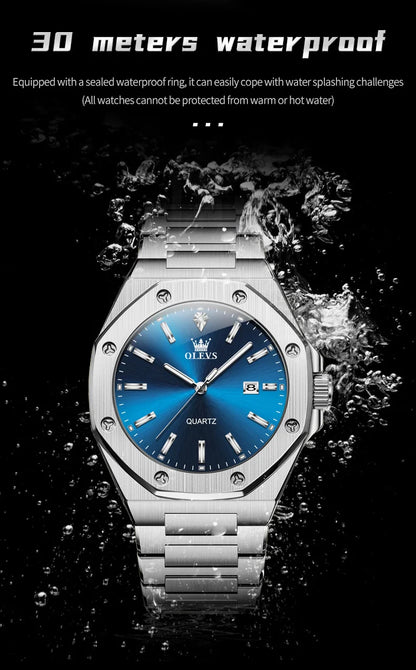 Montres OLEVS pour homme : montre de luxe classique à quartz, argentée et bleue, étanche, en acier inoxydable, luminescente, Reloj Hombre