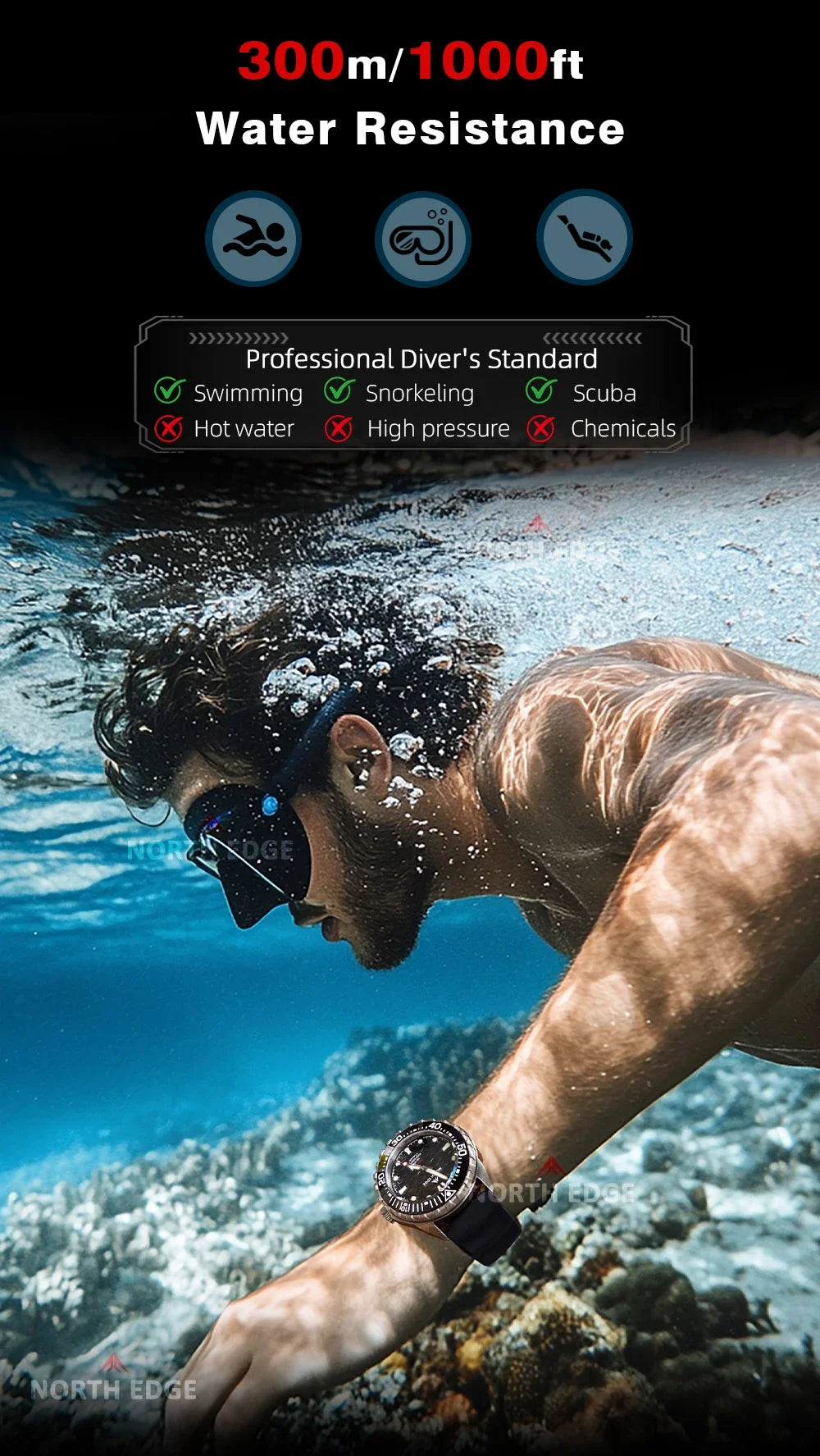 NORTH EDGE NEW+ TRITON-TI Titanium Solar-Powered Diving Watch Luxury Quartz Watches for Men 300M Waterproof 180+ Day Power