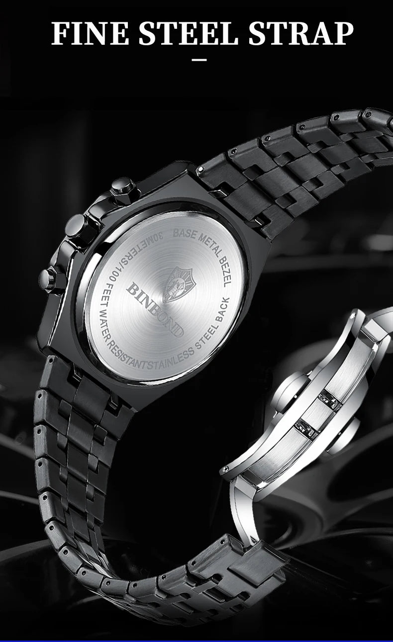 Montre-bracelet à quartz BINBOND pour homme, chronographe de luxe luminescent, en acier inoxydable, étanche, avec date et calendrier