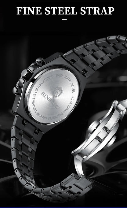Montre-bracelet à quartz BINBOND pour homme, chronographe de luxe luminescent, en acier inoxydable, étanche, avec date et calendrier