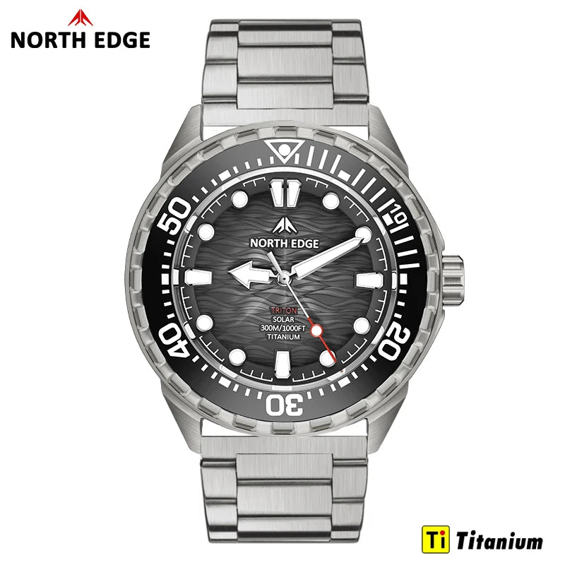 NORTH EDGE NEW+ TRITON-TI Titanium Solar-Powered Diving Watch Luxury Quartz Watches for Men 300M Waterproof 180+ Day Power