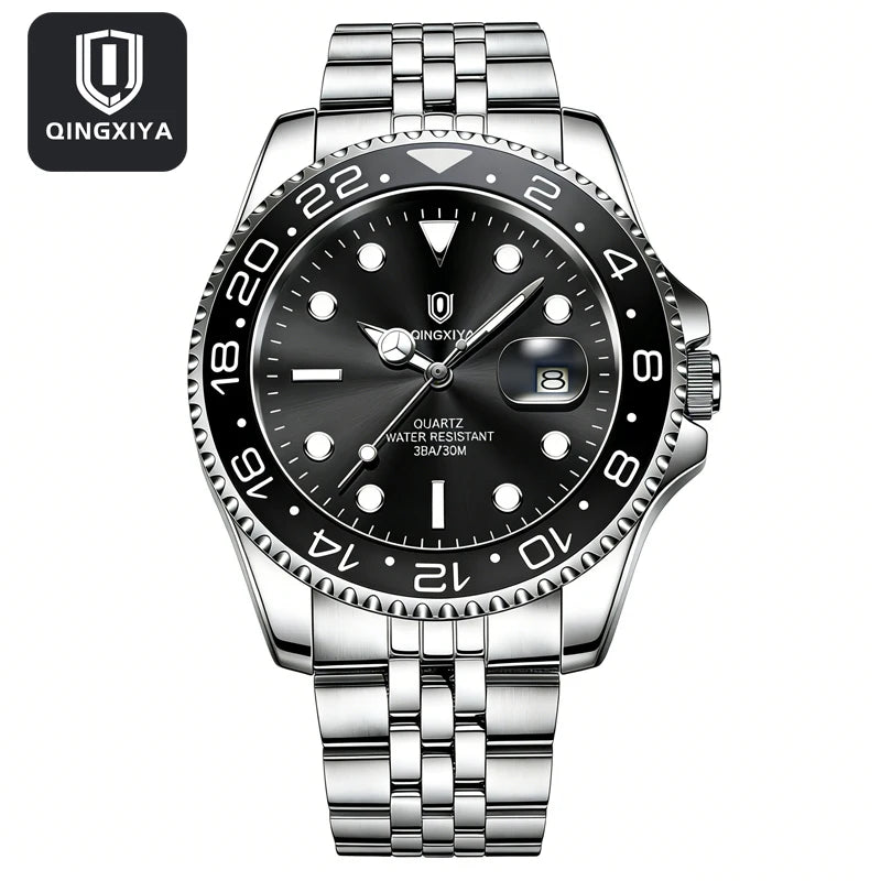 QINGXIYA Montres de luxe à quartz pour homme en acier inoxydable, étanches, avec date luminescente, montre-bracelet pour homme, reloj hombre
