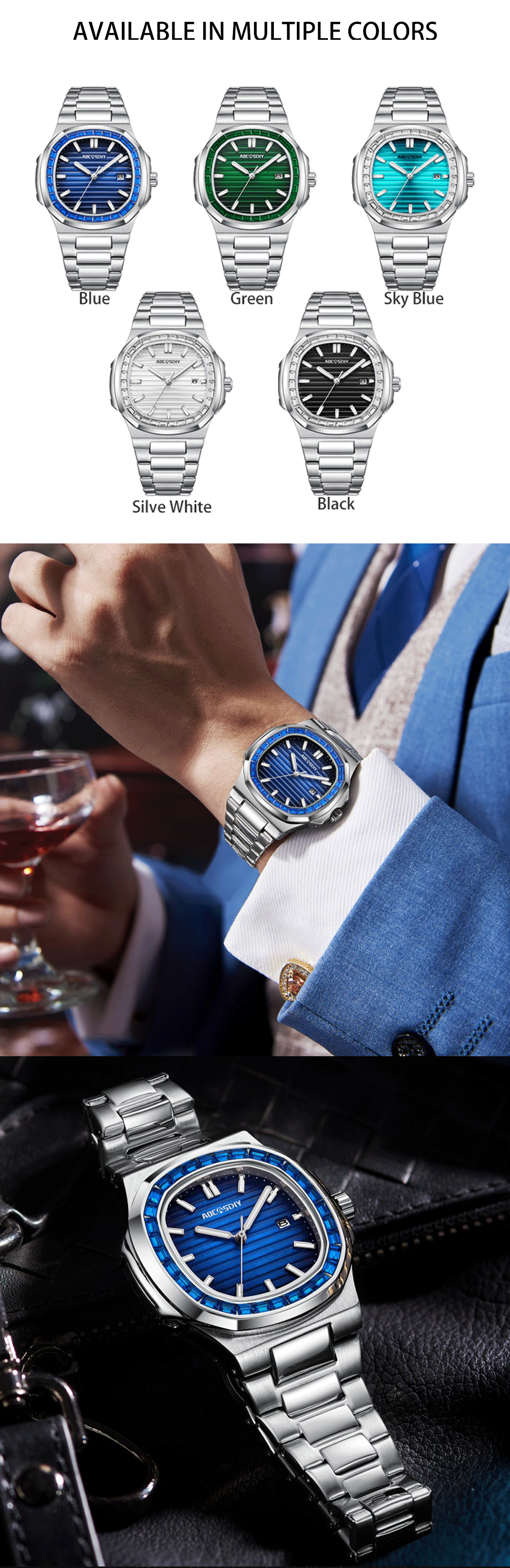 AOCASDIY Montre de luxe professionnelle étanche pour homme, date luminescente, acier inoxydable, carrée, à quartz, reloj hombre