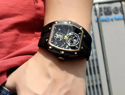 Reloj de pulsera MINI FOCUS para hombre, negro, a la moda, resistente al agua, mecánico automático, con manecillas luminosas, correa de silicona y esfera tonneau